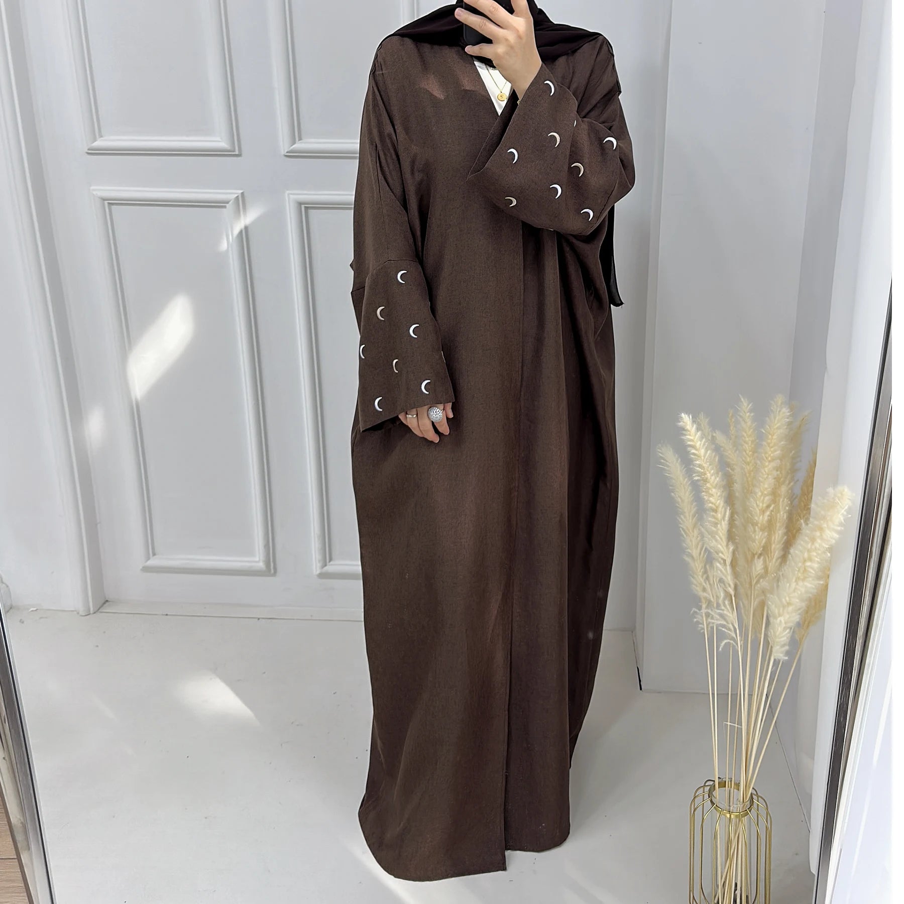 EID Moon Embroidery Traditional Muslim Clothing Set Casual Dresses for Adults-Hijab Linen Kimono Abaya Plus Size Hot Sale