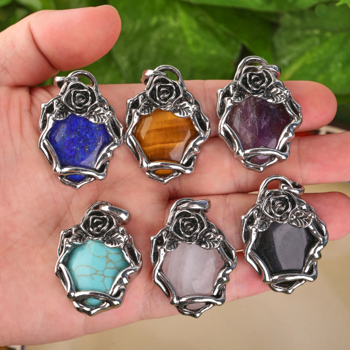 Vintage Children's Flower Pendant Healing Crystal Tiger's Eye Amethyst Lapis Stone Bead Charm Supplies DIY Jewelry