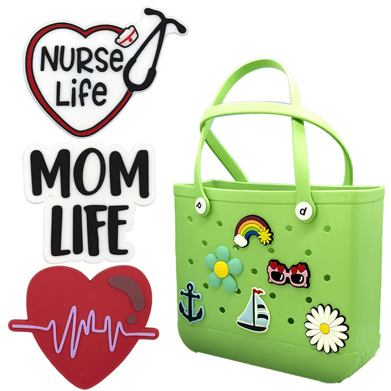 Large Size PVC Beach Tote Bag Charms with Letters Numbers Lips Roses Sun Custom Button Tote Accessories