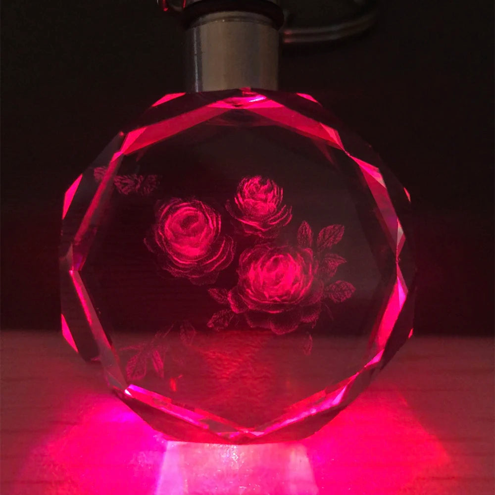Clear Crystal LED Keychain with Artificial Rose Flower Heart Lovers Couples Keyring for Valentines Day Other Crystal Crafts Gift