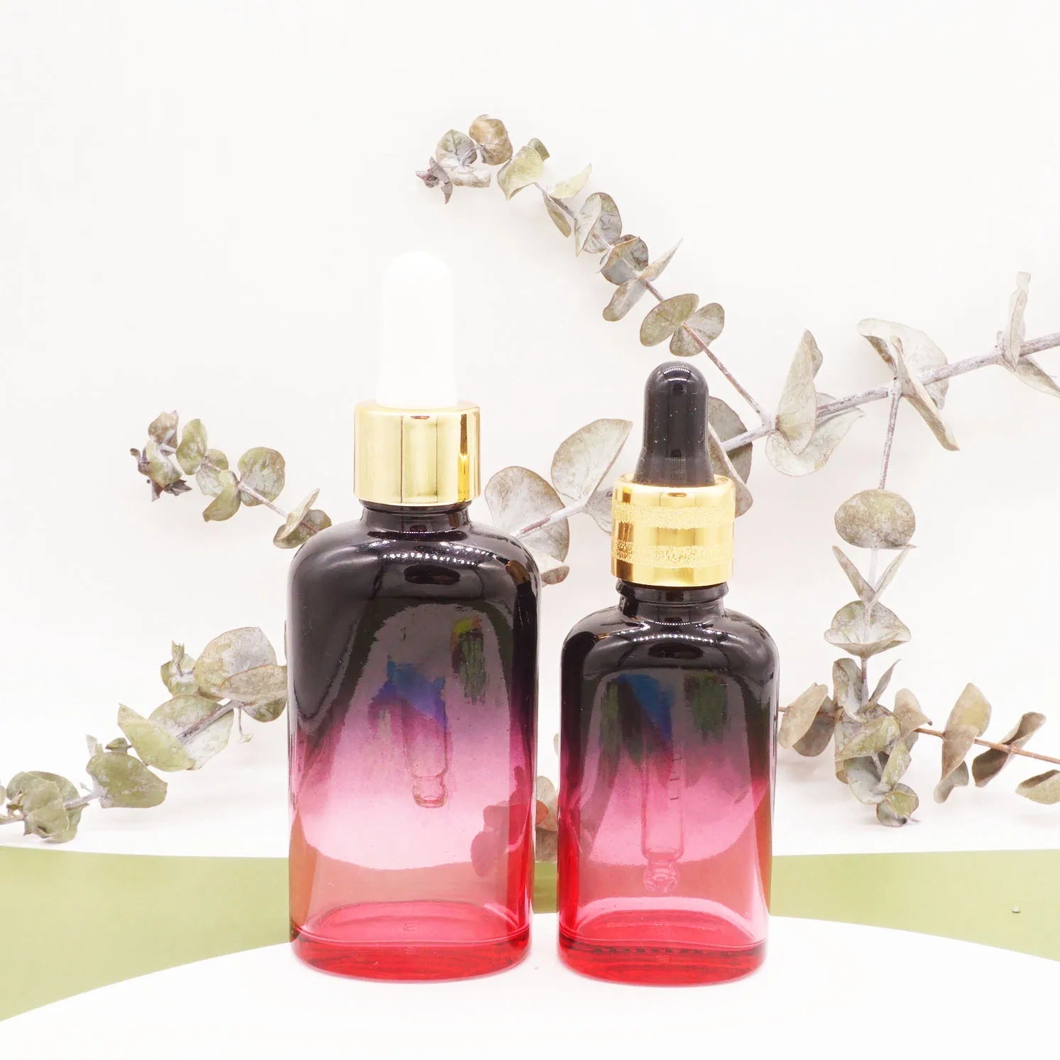 1oz Black Red Gradient Oblate Cosmetic Jars and Bottles Set for Hair Serum with Dropper Top