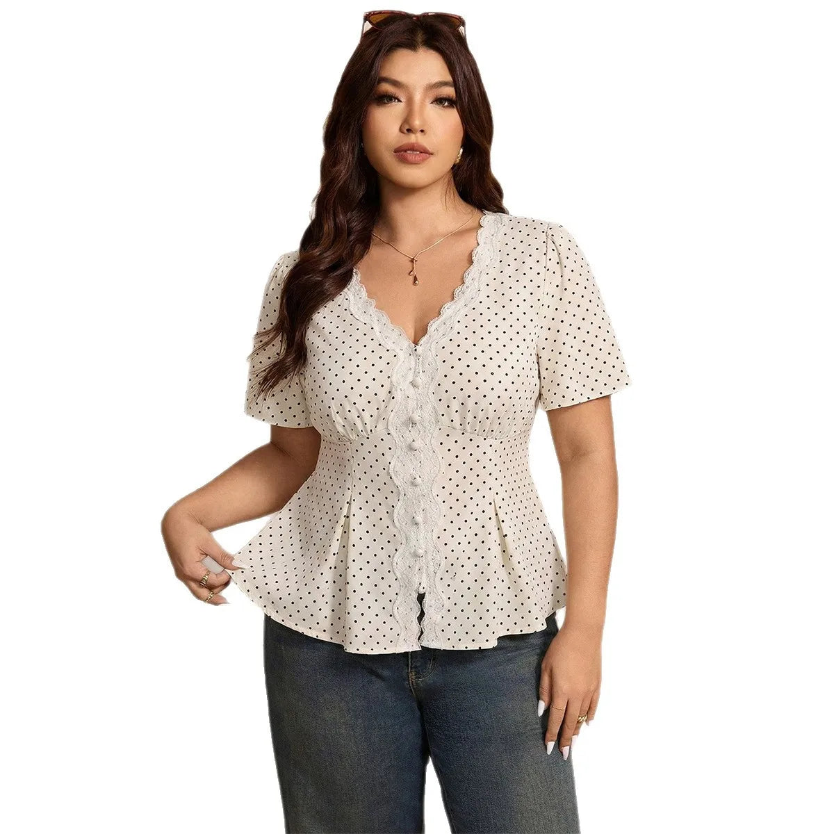 Women Plus Size Polka Dot Print Shirt Lace Folded Lotus Leaf Short Sleeved Summer Shirt