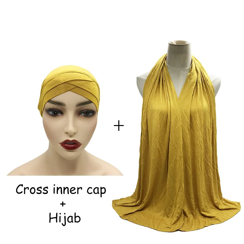 Wholesale Hijab Muslim Women Modal Elastic Bottom Cap Forehead Cross Cap Cotton Jersey Hijab Set With Matching Colors Underscarf