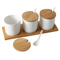Nordic Style Kitchen Seasoning Salt Sugar Pepper Storage Container Bamboo Lid 3PCS Ceramic Spice Jar Set with Spoon Tray