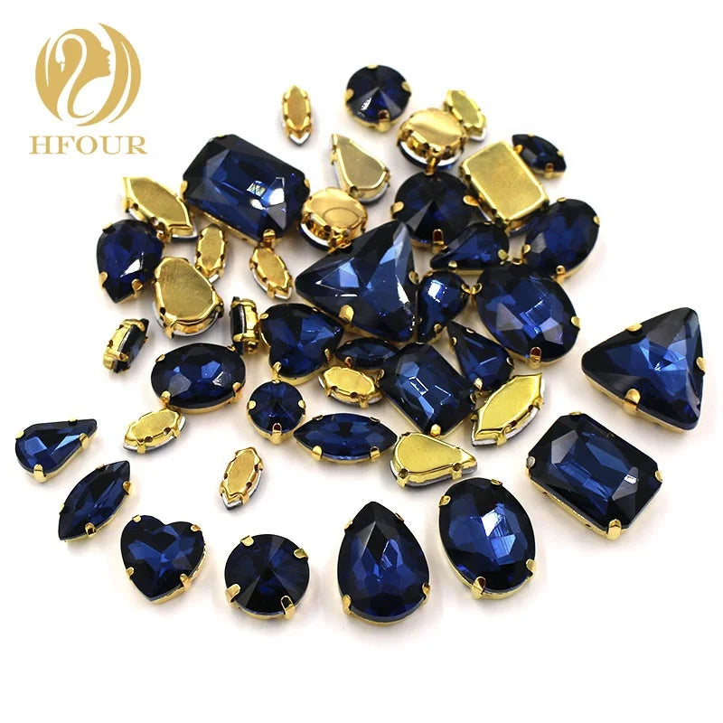 Hot Selling 50 Pcs/bag Ink Blue Color Mixed Shape Sewn Glass Rhinestones With Claws