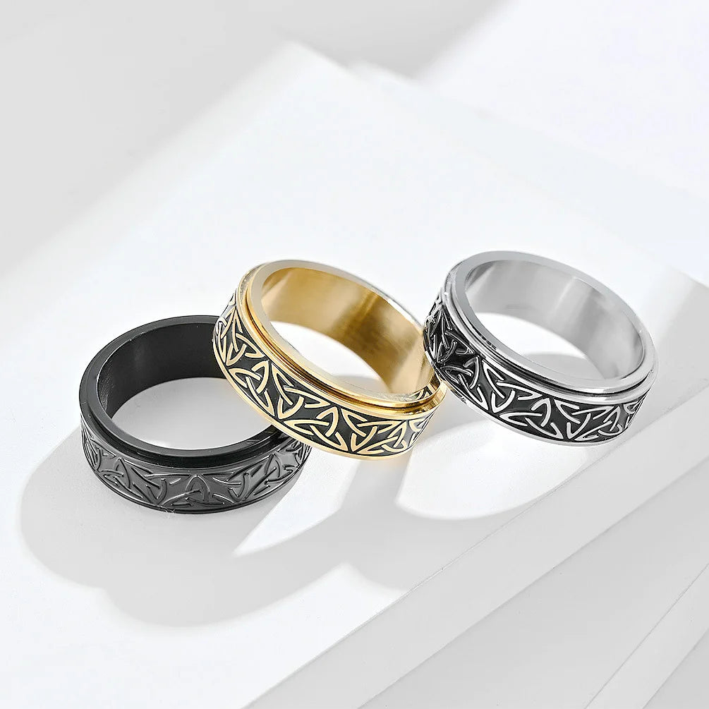 Fashion Viking Triangle Knot Meditation Ring Handmade Stainless Steel Decompression Popular Nordic Norway Style Rotary Steel