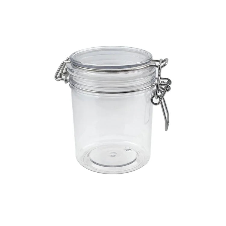 Food Grade Kitchen Clear Storage Pet Plastic Unique Cookie Empty Sealed Honey Jam Clip Top Jars with Metal Clip Lid Jars