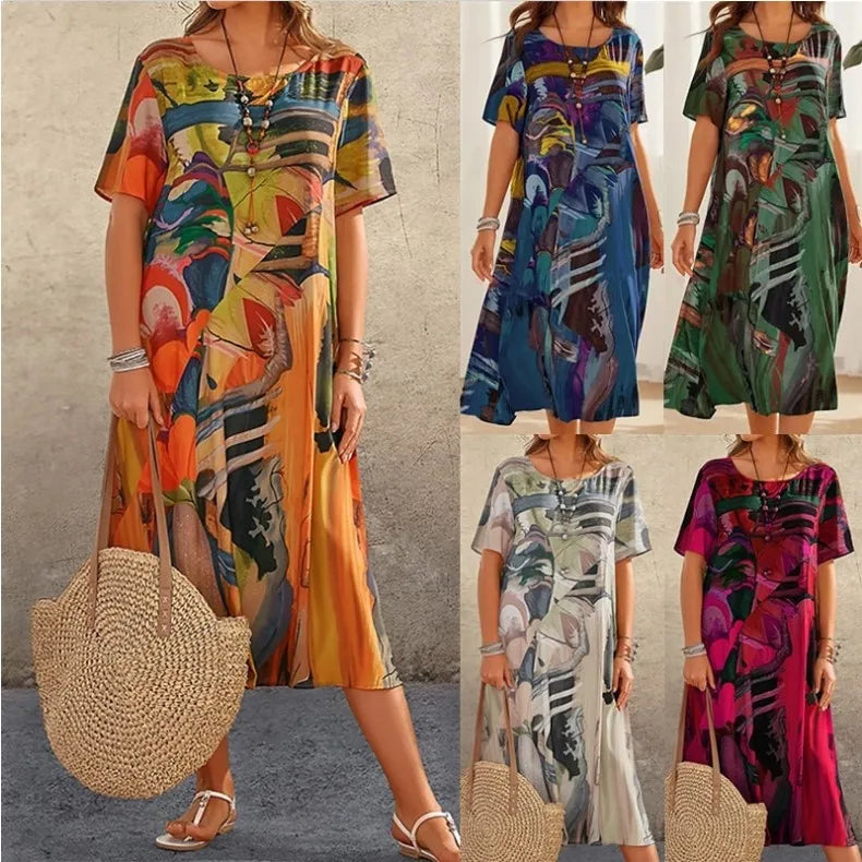 Low Price Fashion Beach Casual Print Summer Short Sleeve Crew Neck Skirt Women Dress