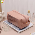 Ready Stock  PU Leather Portable Versatile Pouch Bag with Handle  Makeup Bag Cosmetic Bag for Women with Zipper