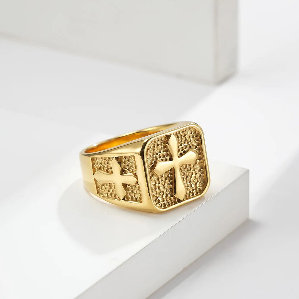 Retro Good Quality Stainless Steel Signet Man Rings Cross Waterproof Gold Plated Chunky Jewelry Matching Rings