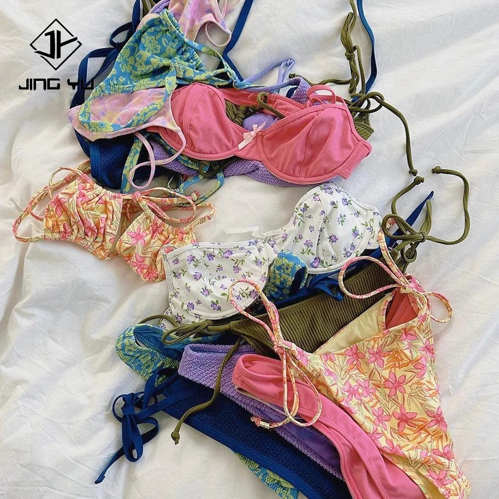 Lace up Bikini Set Bathing Suit Floral Swimsuits Private Label New for Women 2024Custom Bikinis Recycled Material Bikini