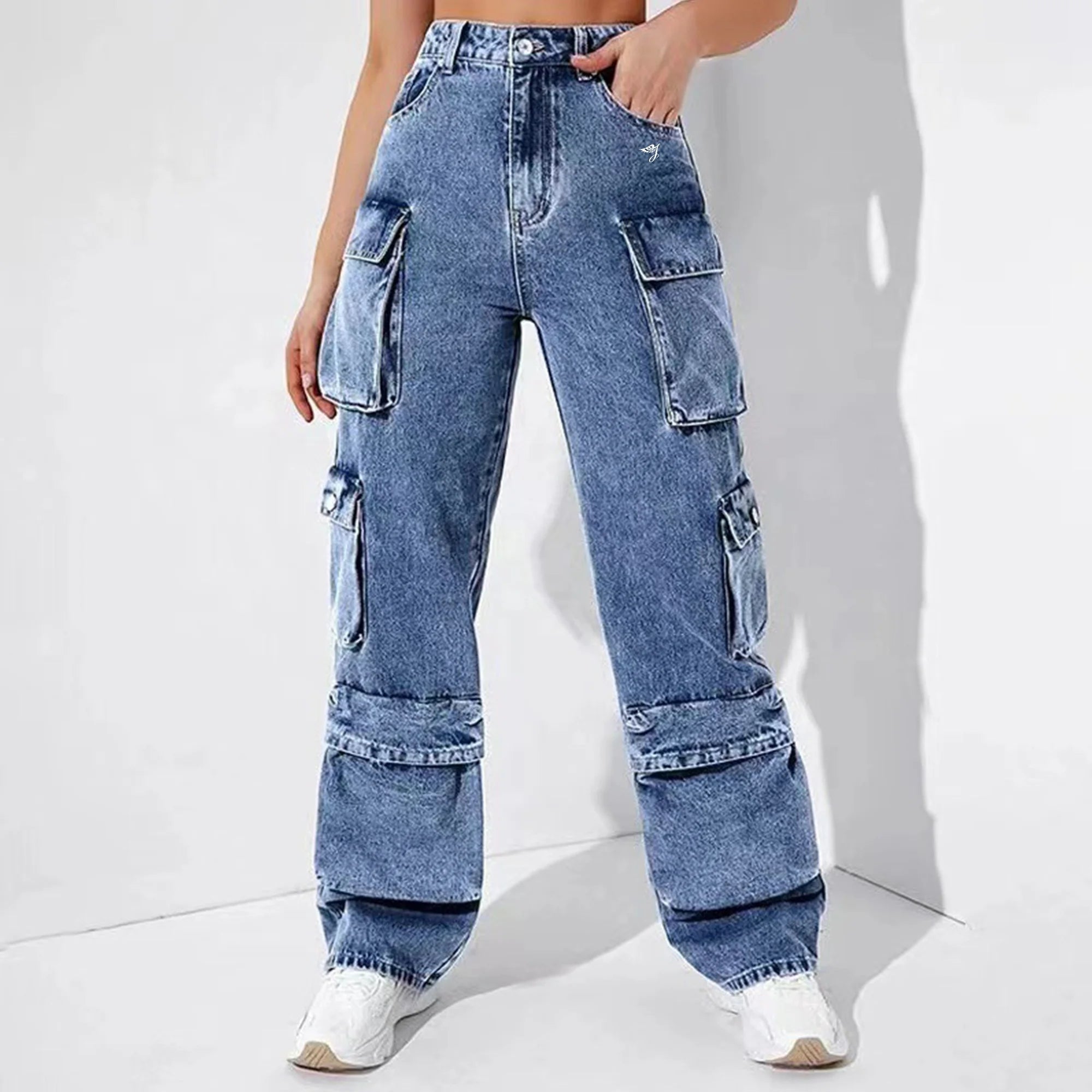 Custom Luxury High Waist Women's Cargo Pants XL Flap Pocket Denim Jeans Loose Fit Manufacturer's Source for Summer Woven Jeans