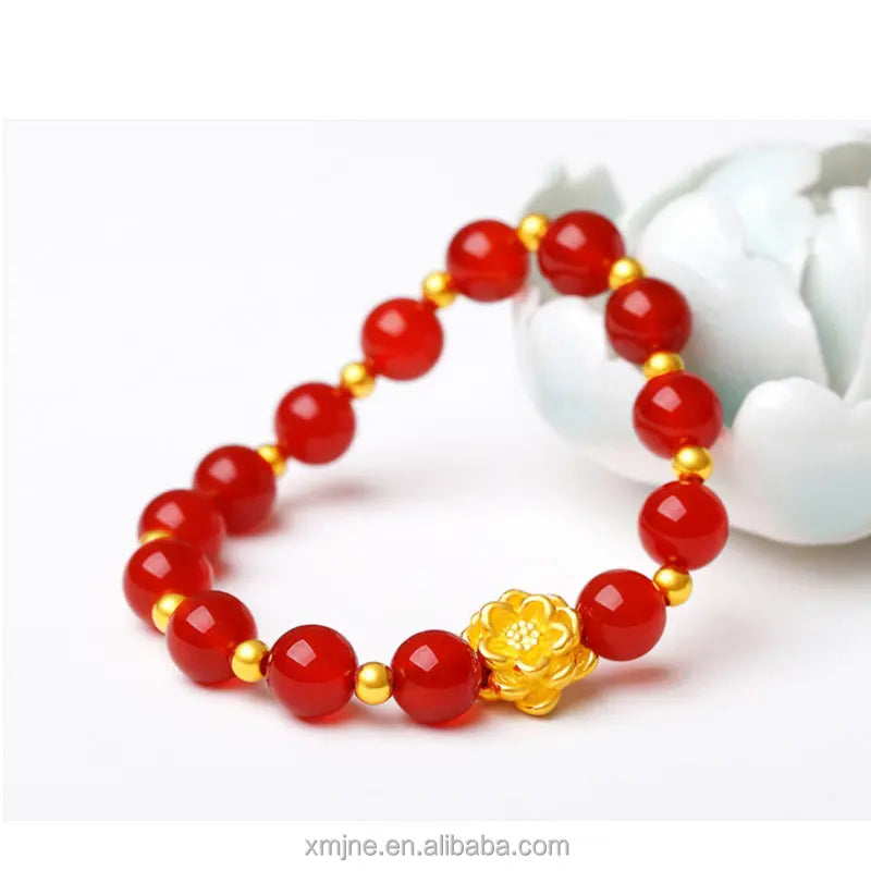 Dubai Jewelry Ese Gold Plated-Plated Holy Lotus Red Agate Bracelet Women's Gold Plated Bracelet Ethnic Style Fashion Accessories