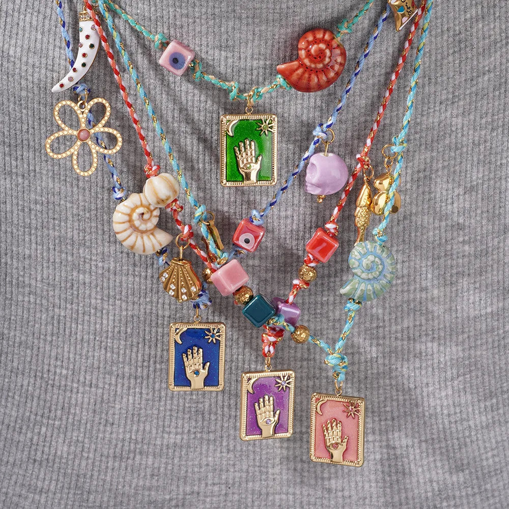 Colorful Rope Shell Devil's Eye Retro Glass Fatima Conch Candy Pendant Tarot Card Square Shell Fish Pendant Necklace