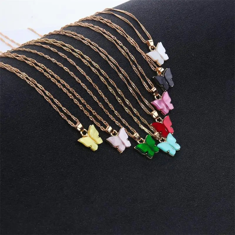 Colorful Cute Butterfly Pendant Necklace Fashion Women Party Statement Alloy Resin Acrylic Animal Necklace Butterfly