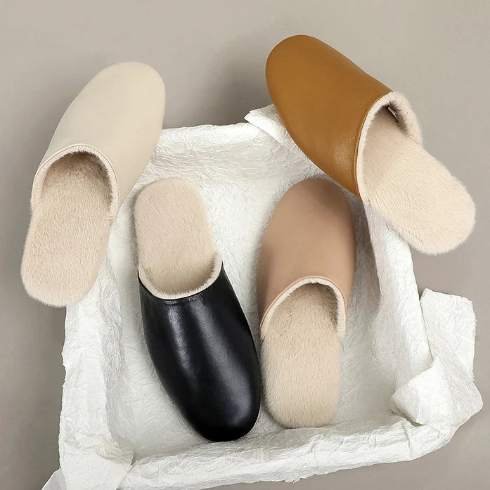 Handmade Men's Women's Warm Fuzzy Faux Fur Lined Soft Genuine Sheepskin Leather Slip-On Flat Loafers Mule Sandals Winter Spring