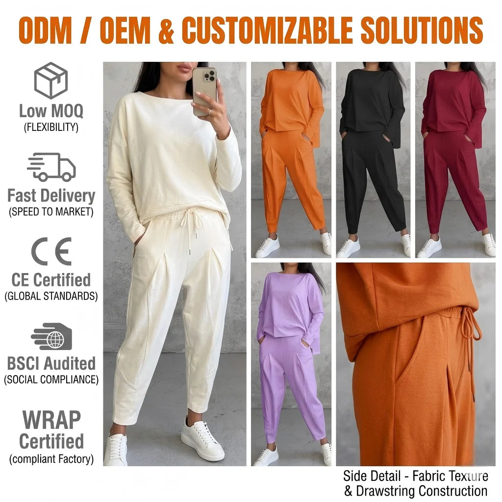 Wholesale ODM OEM Women's Solid Color O-Neck Long Sleeve Suit Custom Logo Loose Fit  Daily Wear Pocket Pants Set 2 Pieces Women
