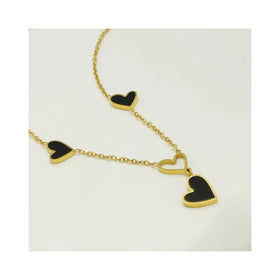 High Quality No Tarnish Women Geometry Gold Plated Stainless Steel Black Heart Shape Pendant Tassel Necklace Jewelry for Girls