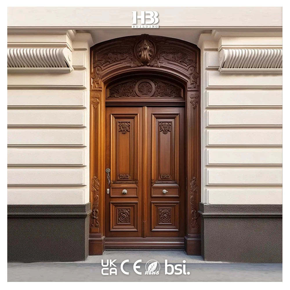 Luxury Solid Wooden Double Door Modern Antique Style with Elegant Carving Round Top Entry Main Front Door