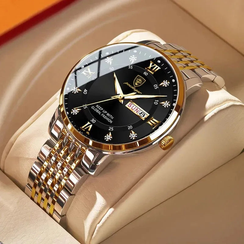 POEDAGAR New Casual Sport Men's Watches Stainless Steel Band Wristwatch Big Dial Luminous Pointers Quartz Leather Watches