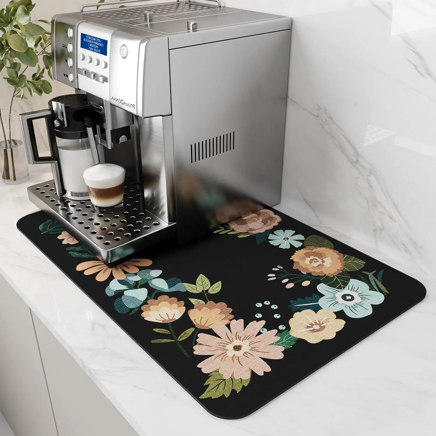 Black Floral 30*50cm Kitchen Counter Mat With Rubber Back ABSORBENT Dish Drying & Coffee Maker Mats Bar Accessories