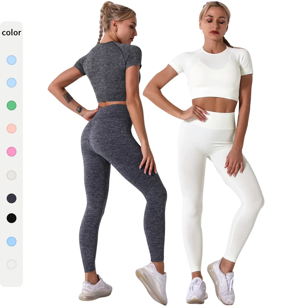 Women's High Quality Seamless Yoga Workout Sets Short Sleeve Crop Top High Waist Yoga Pants Scrunch Bum Effect Solid Ladies'