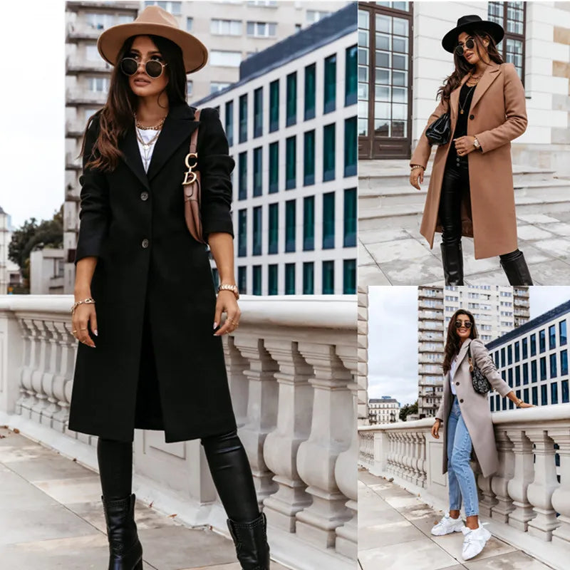 Women Autumn Winter Long Coat Knee-length Plus Size Coats Wide Lapel Warm Coat Outwear Fashion Jackets
