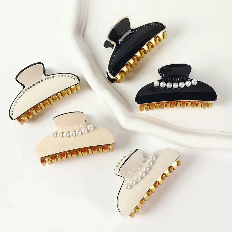Vintage Large Acetate Female Hair Accessory Retro Style Diamond Pearl Shark Clip Back Spoon Curly Hair Claw Clamp