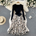 Full Sleeve V-neck Color Blocking Sheath Dress Autumn Knitting High Waist Midi Dress Ladies Casual Dress Clothes Women Wholesale