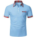 Men's Short Sleeved Plaid Color Patchwork Button Pocket Polo Shirt Classic Lapel Collar Tee Tops