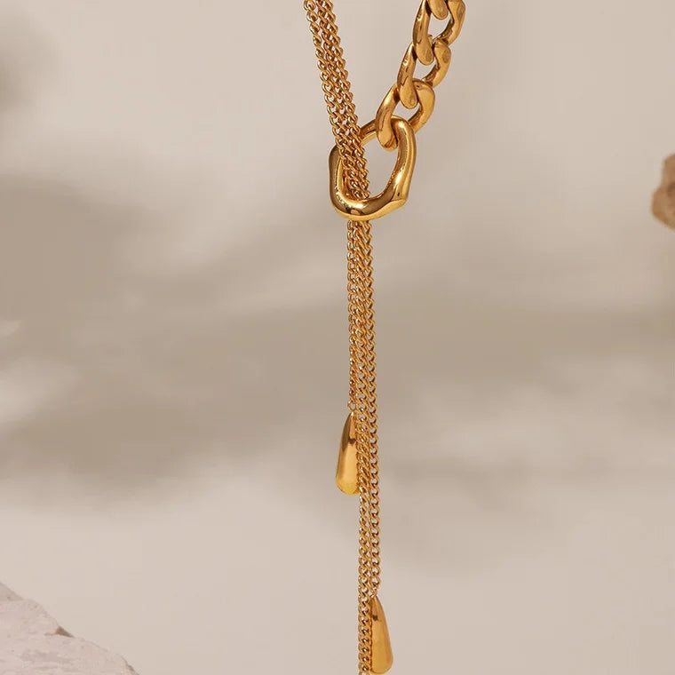 Fashion 18k Gold Pvd Plated Stainless Steel Chains Waterdrop Tassel Necklace Multilayer Link Chains Sweater Chain for Women