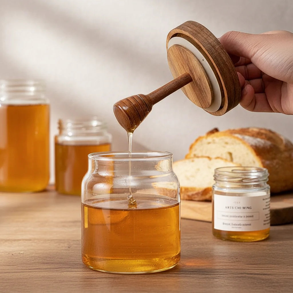 Honey Jar with Dipper and Lid Wooden Dipper Stick Honey Containers Clear  Glass Honey Pot Dipper