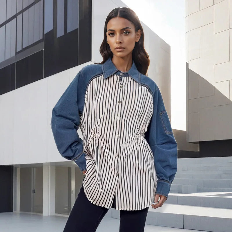 Boutique Wholesale 2026 Autumn New Fashionable Color Blocking Splicing Long Sleeved Loose Medium Long Women's Shirt