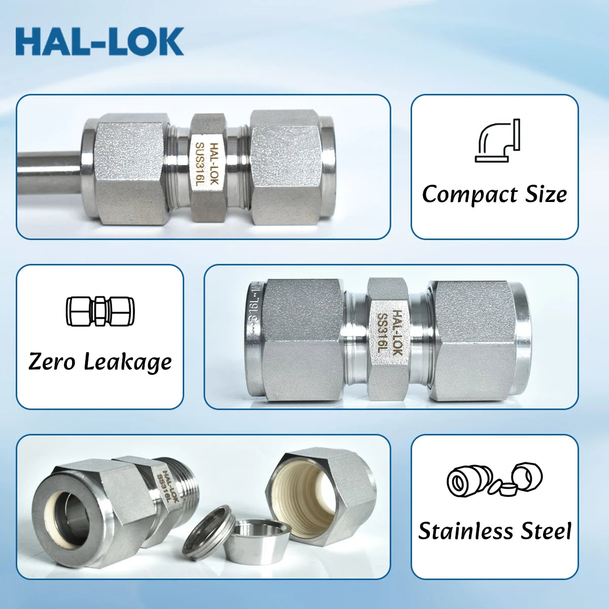 HAL-LOK SKT-4 High Pressure Stainless Steel Straight Union Tube Fittings Double Ferrule Polished Surface 1/16 2in Connectors