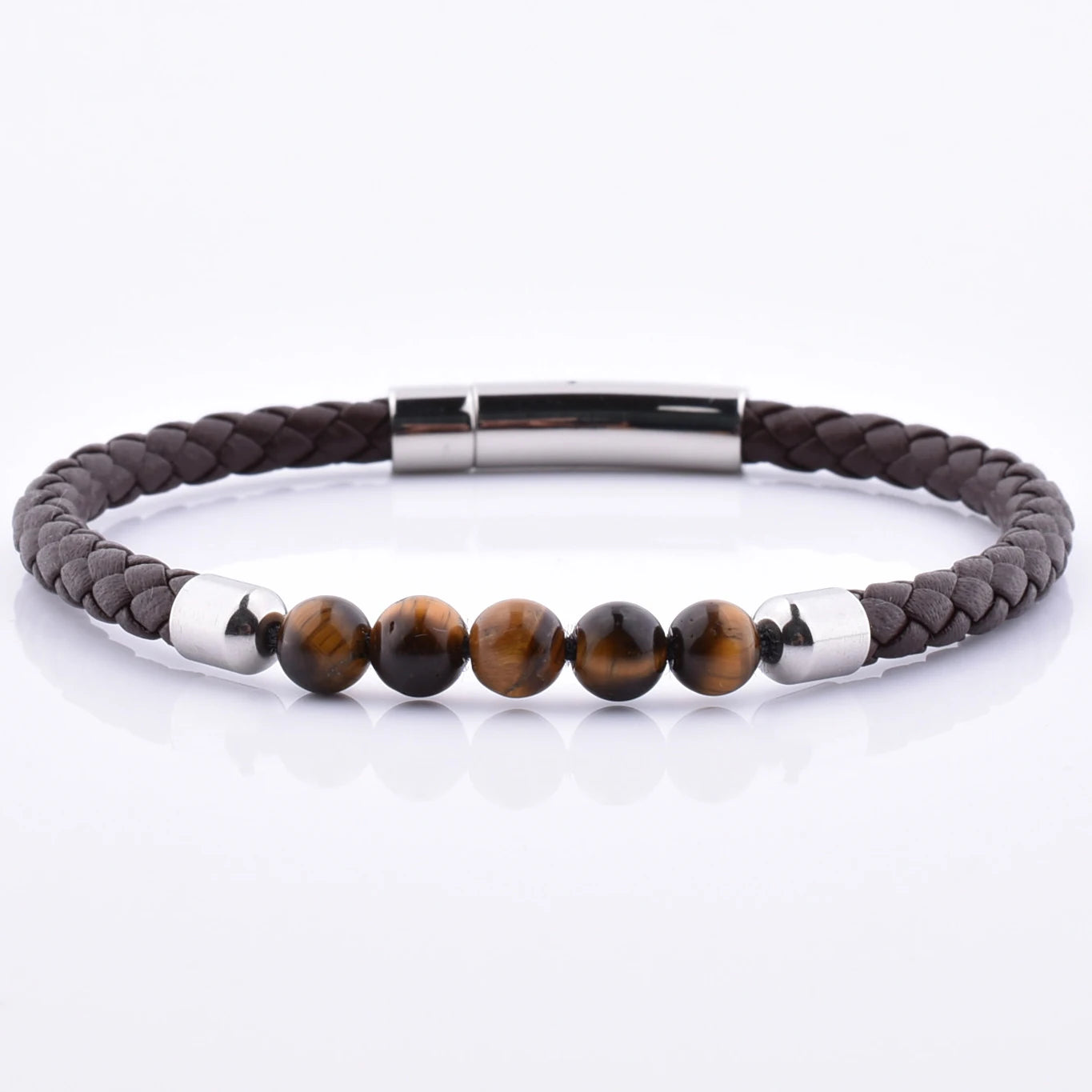 Handmade European Unisex Brown Leather Tiger Eye Stone Bracelet Handcrafted New Design Fashion Charm for Men