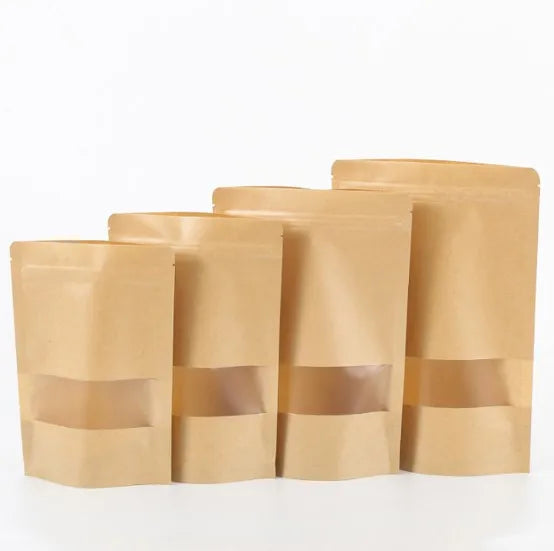 Stocked Food Packaging Kraft Paper Stand up Pouch with clear Window for Food Packaging