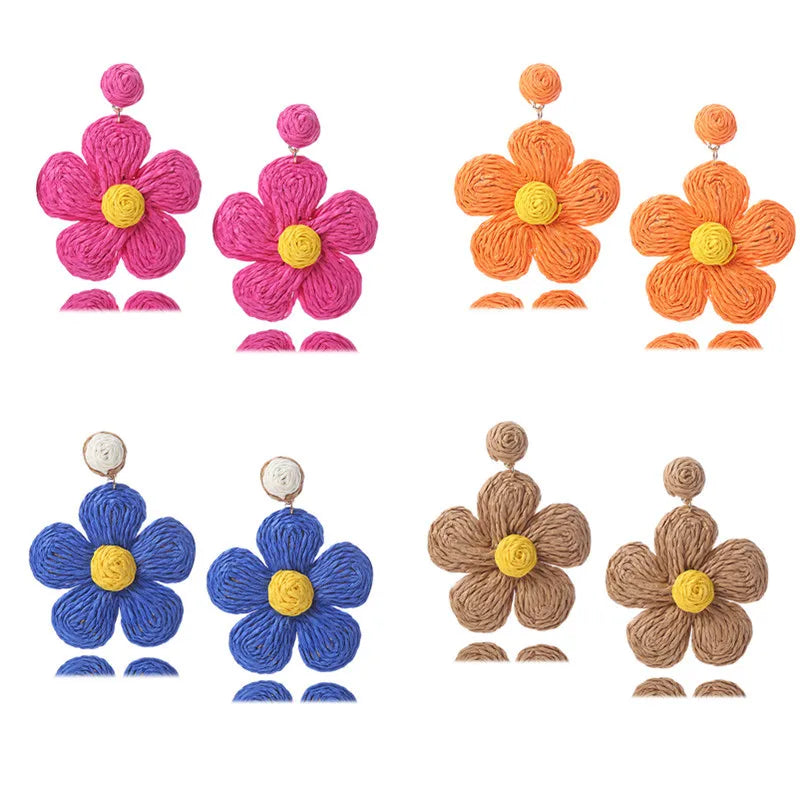 2025 New Beach Vacation Handmade Earrings Summer Boho Rattan Earrings Colorblock Raffia Flower Earrings for Women