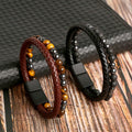 Double Layer Handmade Braided Natural Tiger Eye Stone Bead Bracelet Multi Layer Magnetic Clasp Leather Bracelet