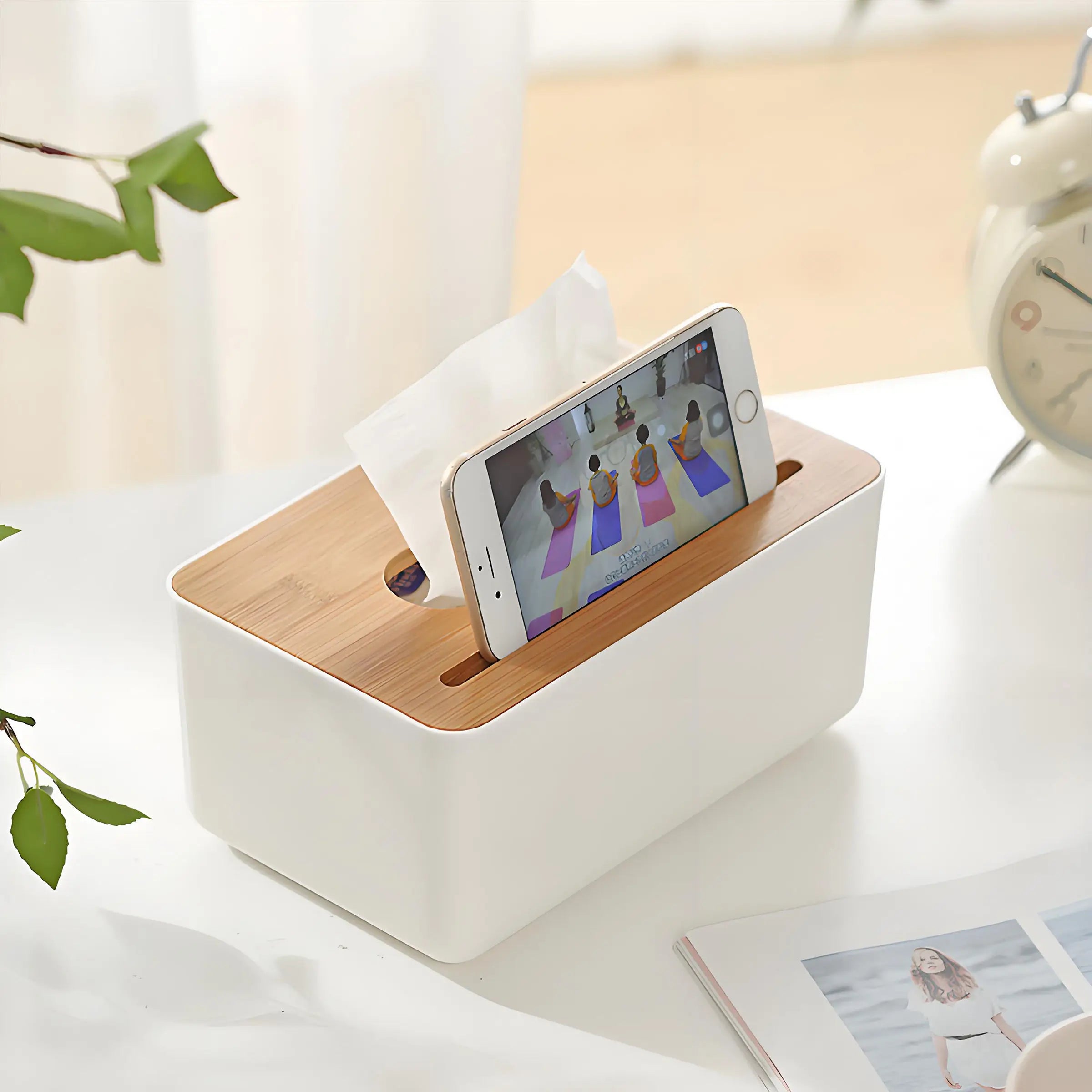 Custom White Rectangle Organizer Storage Napkin/Tissue Box with Modern Multifunction Bamboo Lid PP Plastic for Table Use