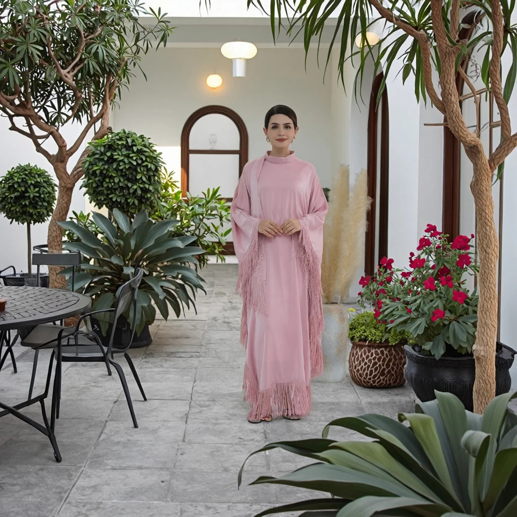 Wholesale Turkish EID Dubai Kaften Abaya Kimono Modest Dress Islamic Clothing Women Muslim Dress Abaya Butterfly Sleeve Tassels