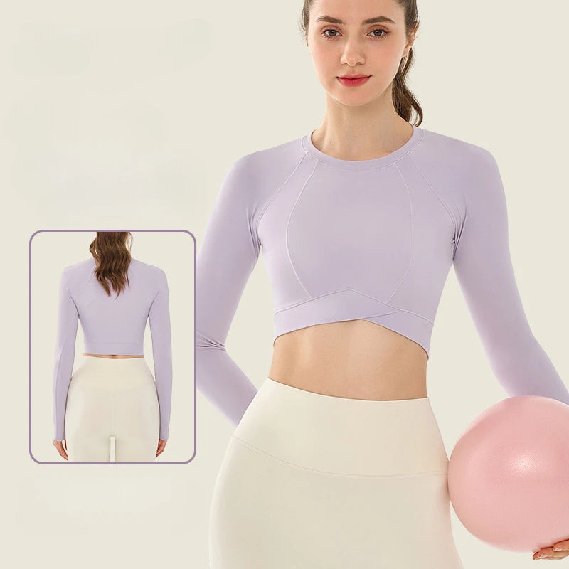 Women's Breathable Lightweight Crop Tops Quick Dry Yoga Sports Shirts with Long Sleeves and Seamless Design