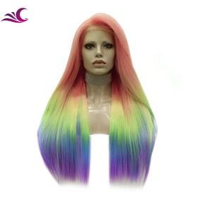 Celebrity Rainbow Multicolor Colorful Wig Silky Straight Heat Resistant Fiber Synthetic Lace Front Wig for Cosplay