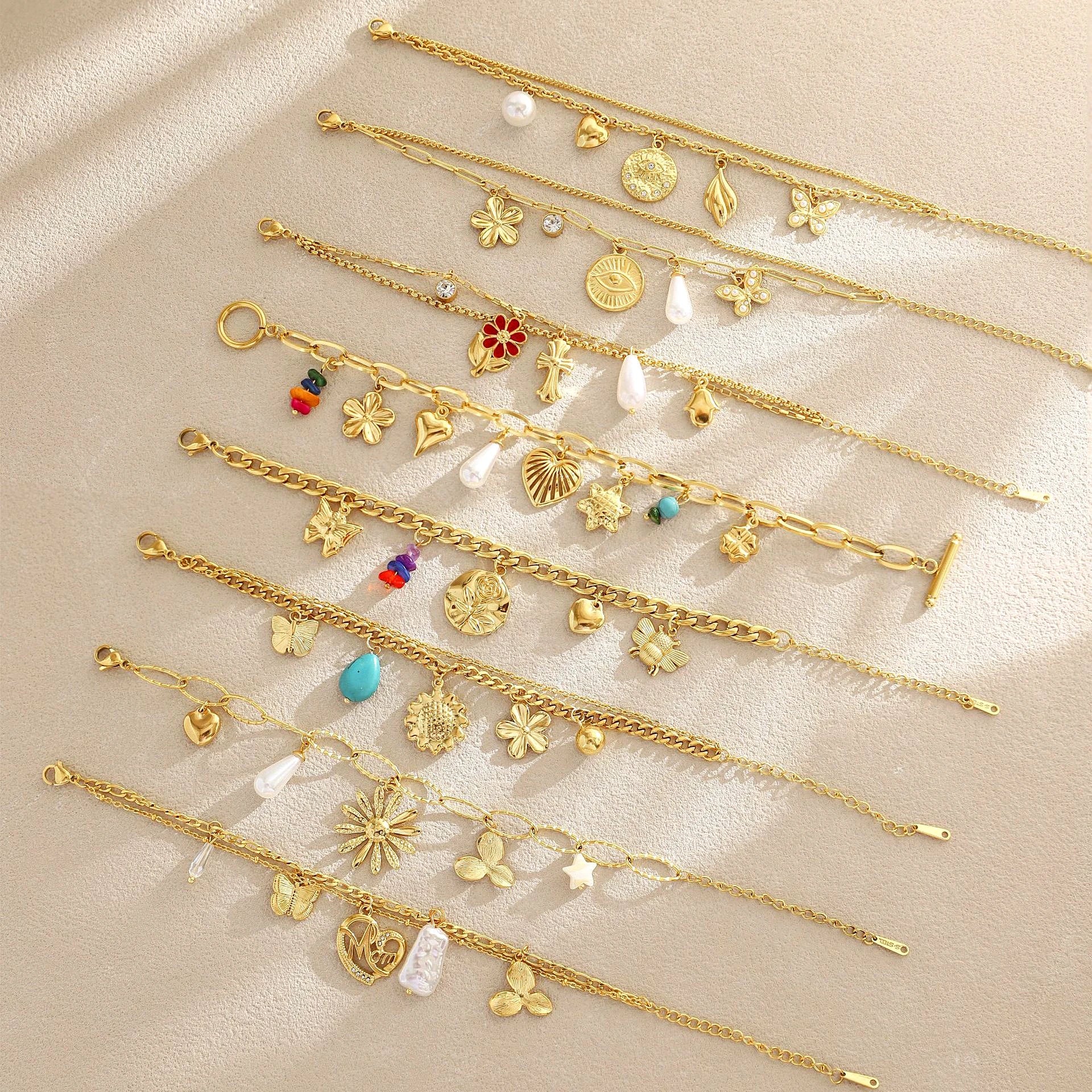 Bohemian Beach Stainless Steel Chain Accessories Elegant Geometric Pearl Heart Butterfly Pendant Bracelet Gifts for Women