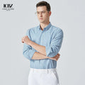 Spring Summer Classic Green Striped Long-sleeved Formal Mandarin Collar Men's Business Shirt Velour Fabric Anti-Wrinkle Feature
