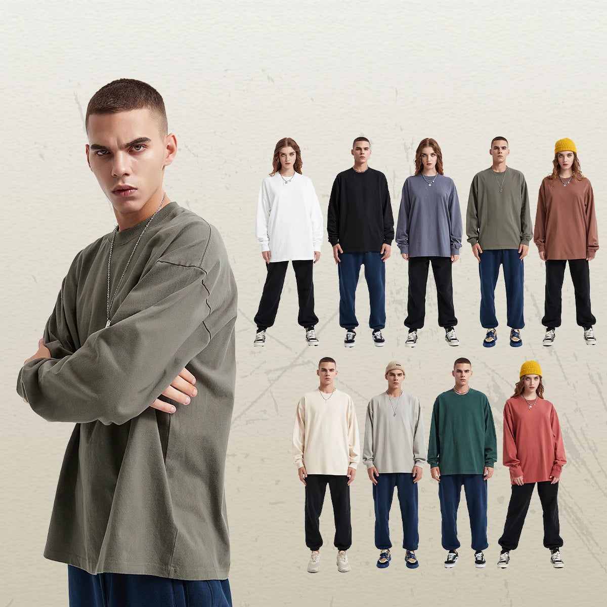 OEM Heavy Cotton Oversized T Shirt for Men Crew Neck Drop Shoulder Blank Long Sleeve Pullover Custom Screen Print