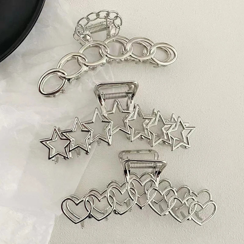 11.5CM Silver Filigree Stars Hair Claws Clips Heart Chains Metal Alloy Hairgrips for Womens Hairpins
