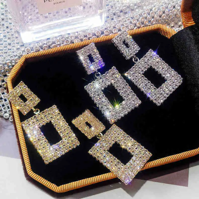 Luxury Shining Crystal Drop Earrings Gold Silver Color Square Rhinestone Dangle Rhinestone Drop Earrings for Women Jewelry