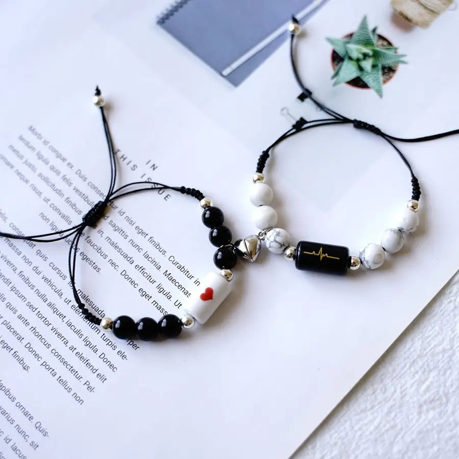 2022 New Arrival Handmade Woven Black White Stone Beads Bracelet Heart Beat Magnetic Bracelet for Couple