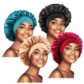 Wholesale Custom Logo Hair Accessories Bonnet Solid Color Sleep Caps Bonnets Elastic Wide Band 4 Pcs Set Satin Hat for Women