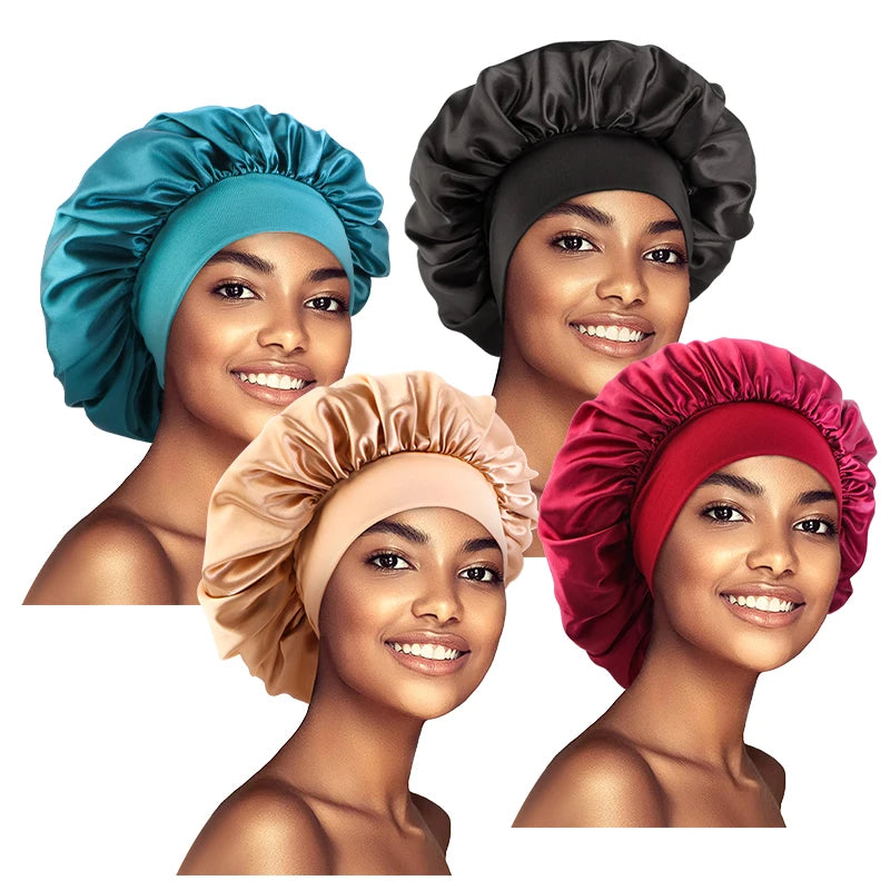 Wholesale Custom Logo Hair Accessories Bonnet Solid Color Sleep Caps Bonnets Elastic Wide Band 4 Pcs Set Satin Hat for Women
